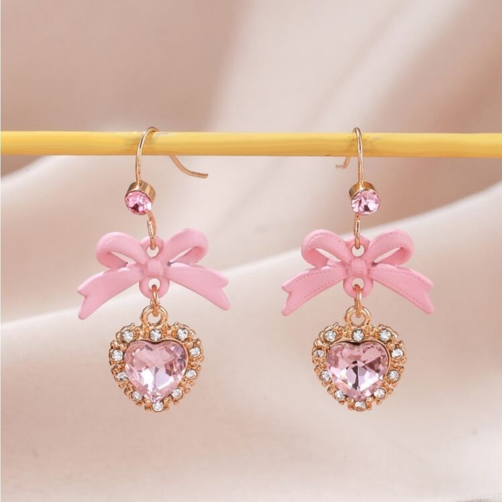 Pink Bow Rhinestone Dangle Earrings - Picture 2 of 4